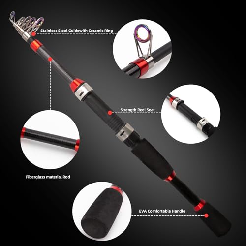 Collapsible Fishing Rod and Reel Combo, BalanZze Telescopic Fishing Rod with Spinning Reel, Portable Collapsible Fishing Pole Kit for Saltwater and Freshwater – Ideal Fishing Gift - color: red, size: 7.87 ft