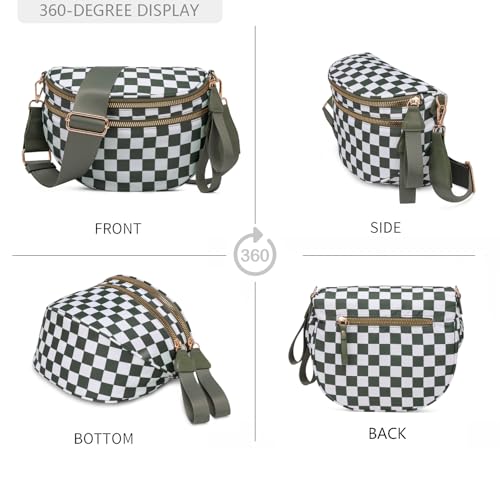 Pure Colour Crossbody Bum Bags for Women Spacious Checkered Cross body Bag Nylon Trendy Fanny Pack for Travel - color: Beans Green Checkered
