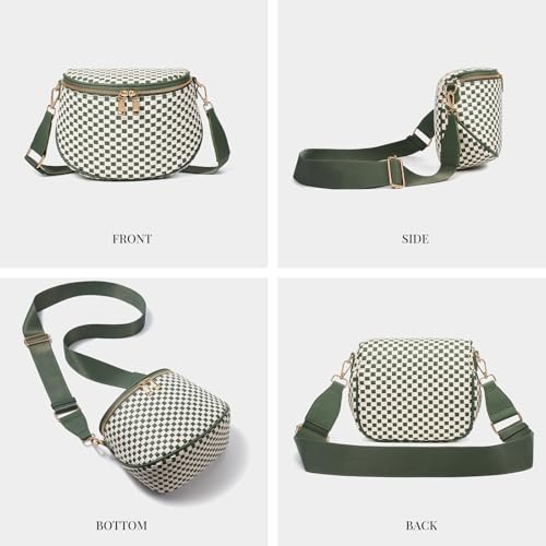 Woven Vegan leather Crossbody Bags For Women, Checkered Fashion PU Bum Bag Waist Pack, Travel Sling Purse with Adjustable Strap（Bean Green) - color: White and Bean Green