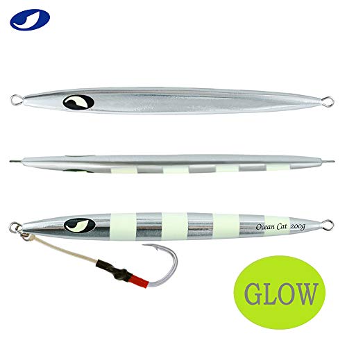 OCEAN CAT Slow Pitch Jig Flat Fall Jig Saltwater Fishing Luers Mental Vertical Jigging Baits with Hooks 5 Colors 4 Weights - color: #014:Silver, size: 4 2/9oz(120g)
