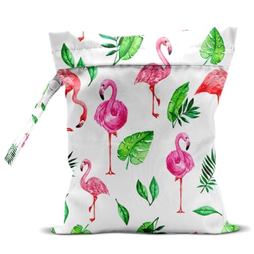 Wet Dry Bag for Swimsuit and Towels for Swimsuit Travel Beach Pool Diapers Dirty Yoga Gym Clothes Hook to Stroller Makeup Bag Waterproof Flamingo Tropical Palm Leaves Decor - color: Flamingo