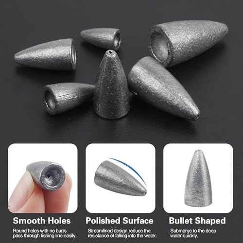 Fishing Weights 30pcs Bullet Sinkers Worm Weights for Bass Fishing Carolina Rig Texas Rig Slip Sinker Sliding Weights Lead Fishing Weights Saltwater Freshwater - style: 3/8oz-30pcs