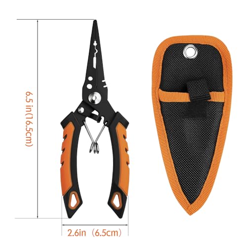 6.5 inch Fishing Pliers, 420 Stainless Steel Fishing Tools, Saltwater Resistant Fishing Gear, Tungsten Carbide Cutters,6.5'' Split Ring Nose, Orange