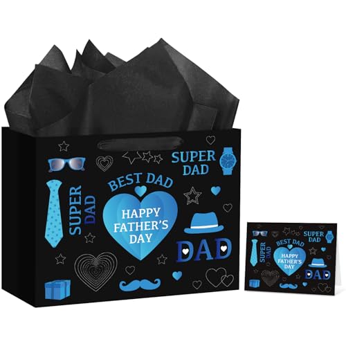 Hooqict Large Father’s Day Gift Bag Daddy Gift Wrap Bag with Handles, Tissue Paper, Greeting Cards for Best Dad Husband Grandfather Happy Fathers Day Celebrations Party Decorations - color: Father