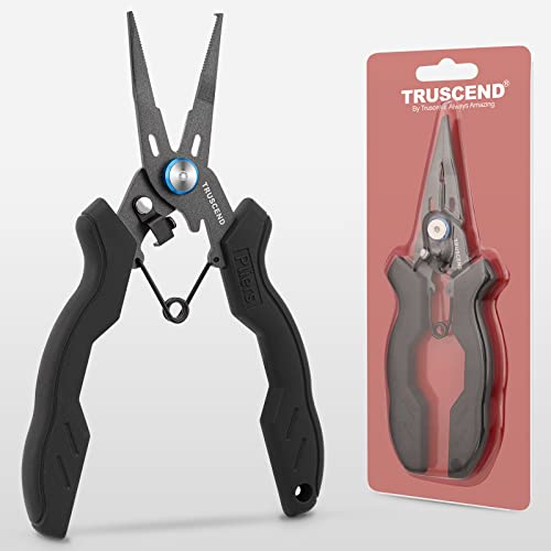 TRUSCEND Easy Use Lockable Fishing Pliers with Tungsten Carbide Cutter, Innovative Ergonomic Handy Handle, Saltwater Corrosion Resistant Teflon Coated Fishing Tool, Light Multi-Function Fishing Gear - color: E2-black