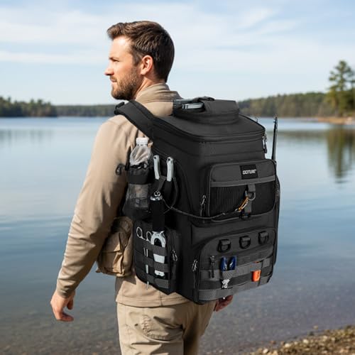 Goture Fishing Backpack with 4 Tackle Boxes, 900D Water-Resistant Tackle Backpack with Rod Holders,Insulated Cooler Compartment, 55L Large Capacity Fishing Gear Storage Bag for Saltwater & Freshwater - color: A3:black(4 Tackle Boxes Included)