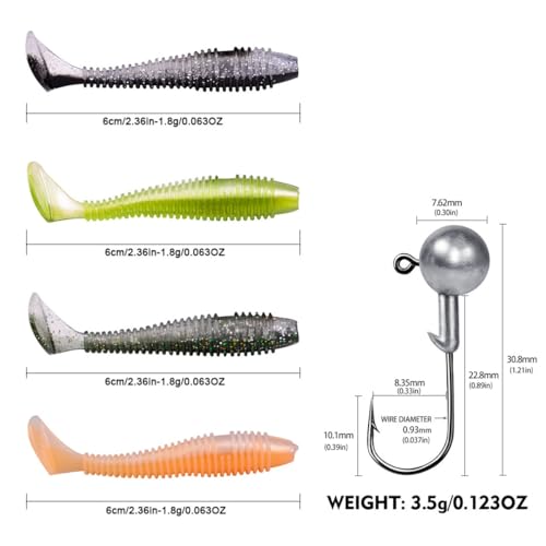 Paddle Tail Swimbaits Lures, 40 Pcs 2.36 Inch Soft Plastic Fishing Lures and 10 Pcs Fishhooks with Box, Bass Fishing Lure Swim Baits with 4 Color, for Trout, Crappie, Bass, Freshwater, Saltwater - color: A