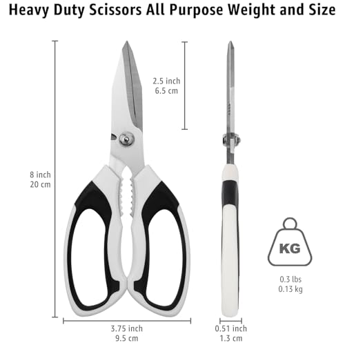 BoFuYuan 8-Inch Utility Scissors All Purpose Heavy Duty, Serrated Blade, White Comfort Grip for Cutting Carpet, Cardboard, Leather, Fabric, Multipurpose Sharp Shears for Kitchen, Garden, Office, Carft - color: White