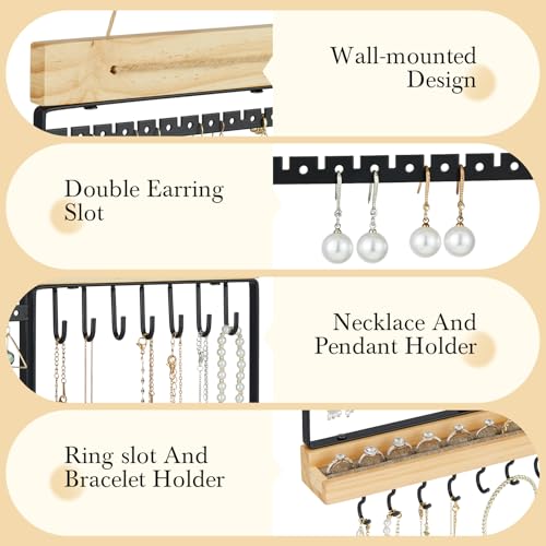 Feyejade Hanging Jewelry Organizer, 5-Tier Wall Earring Holder with Wooden Ring Groove, Jewelry Rack Wall Mounted for Earrings, Necklaces, Bracelets and Rings, Jewelry Holder Stand, Black - color: Black, size: Standard