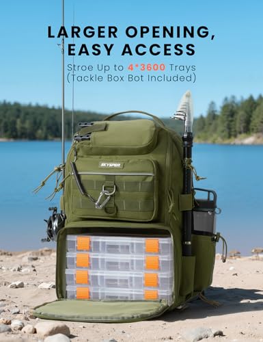 SKYSPER Tackle Backpack Fishing Bags with Rod Holder, 40L Water-Resistant Tackle Box Storage Bag for Fishing Gear Lures(Armygreen) - color: Armygreen
