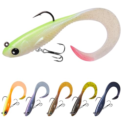 TRUSCEND Duramax TPE Soft Fishing Lures with BKK Hooks, Easy Catch Curly & T-Tail for Trembly Sinking & Vibrating Swim, UV or Glow Effect for All Conditions, Pre-rigged Swimbait for Bass Trout Crappie - color: A3-4"-1/2oz