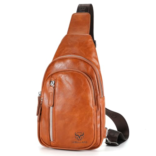 Crossbody Bags for Men Leather Sling Bags Mens Chest Bag Backpack Travel Hiking Fishing Outdoor Sports - color: Light Brown