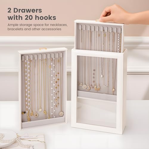 Lolalet Necklace Organizer Box, Jewelry Storage Box with Clear Window for Necklaces Bracelets, Tangle-Free Necklace Display Case for Women Girls, White, 2 Layers 20 Hooks - color: White, size: 2 Layers, 20 Hooks