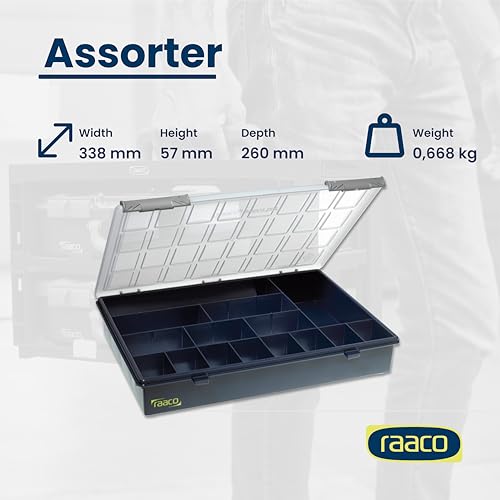Raaco Assorter Tool Box Organizer – Full-Size – 15 Slots Fixed Grid with Semi-Transparent Lid, Polypropylene (PP) Storage Box for Screws, Nuts and Bolts, Small Parts & Hardware (Assorter 4-15) - size: Full-Size –15 Slots, style: Fixed Grid