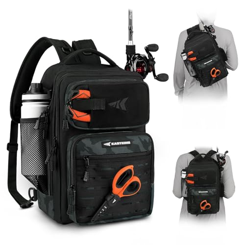KastKing BlowBak Tactical Sling Tackle Bag-Lightweight Fishing Backpack Storge Fishing Gear and Equipment,Gift for Men - color: G: Double Shoulder-black Camo（16.9” X 10.6” X 8.3”）, size: Large