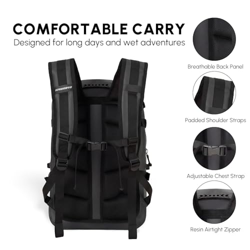 Premium IPX7 Airtight Waterproof Backpack for Kayaking Black | Boating, Paddle Boarding, Fishing, 30L with Resin Zipper, Rugged Gear Protection Submersible Backpack, Water Sports, Surfing - color: Black