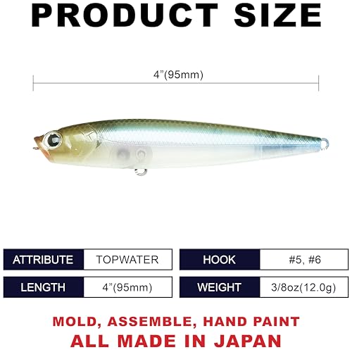LUCKY CRAFT Gunfish 95NF Top Water Bass Fishing Lures, 4” Floating Lure with Cupped Mouth, Freshwater Trout and Bass Lures Fishing Gear, Accessories for Tackle Box - color: 238 Ghost Minnow