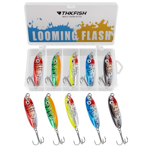 THKFISH Fishing Lure Spoons Trout Spoons for Fishing Jigging with Hooks - color: Color 1#, size: ['3/4 oz - 5 pieces']