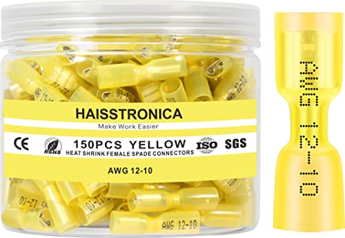haisstronica 150PCS Yellow Heat Shrink Female Spade Connectors,AWG 12-10 Heat Shrink Female Spade Terminlas Kit,Speaker Wire Connector, Electrical Quick Disconnect Wire Connectors - color: Yellow, size: AWG 12-10 Female 150PCS