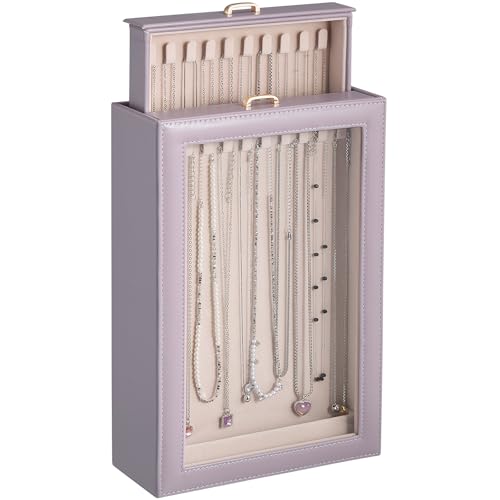 Lolalet Necklace Organizer Box, Jewelry Storage Box with Clear Window for Necklaces Bracelets, Tangle-Free Necklace Display Case for Women Girls, Dusty Purple, 2 Layers 20 Hooks - color: Dusty Purple, size: 2 Layers, 20 Hooks
