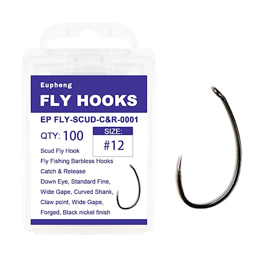 Eupheng Fly Fishing Hooks 100pc Pack Barbless Catch & Release Dry Wet Nymph Shrimp&Pupa, Streamer, Caddis, Jig, Scud Flies Fishing Hooks - color: EP Fly-C&R-SCUD-0001, size: #12