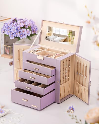 Homde Synthetic Leather Huge Jewelry Box Mirrored Watch Organizer Necklace Ring Earring Storage Lockable Gift Case (Grey Purple + Gold) - color: Grey Purple + Gold