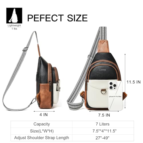 LATMAP 7L Sling Bag for Women Men Crossbody Belt Bag Small Travel Sling Backpack Anti Theft Chest Daypack Purse Faux Leather - color: Black and Beige With Brown