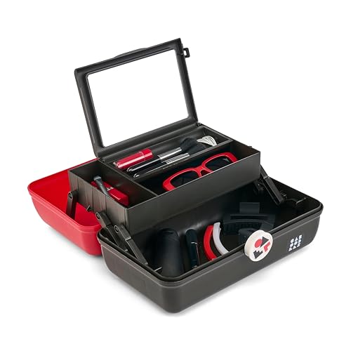 Caboodles School Spirit On-The-Go Girl Makeup Box, Red Over Black, Hard Plastic Makeup Organizer Box, Built-In Mirror, Secure Latch for Safe Travel, Spacious Storage for Large Items - color: Red Black School Spirit
