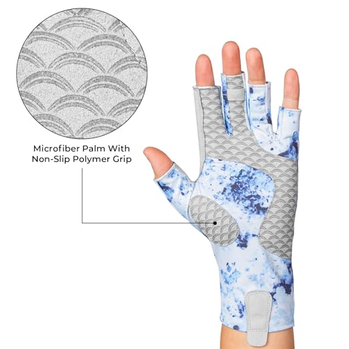 KastKing La Sal Fishing Gloves UPF50+ Sun Gloves UV Protection Fingerless Gloves Men Women for Outdoor, Kayaking, Rowing, Paddling, Canoeing, Hunting - color: D: Boulder Camo Bay, size: Small-Medium