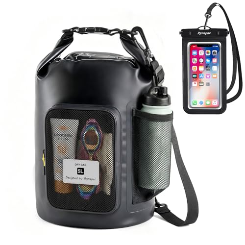5L Waterproof Dry Bag with Bottle Holder & Mesh Pocket, 500D PVC Tarpaulin Roll Top Dry Sack with Inner Waterproof Adsorption Film, Lightweight Dry Bag for Kayaking, Beach, Boating, Fishing, Travel - size: 5L