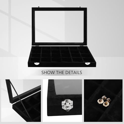 Wudygirl Jewelry Organizer 24 Grid Jewelry Tray with Clear Lid Velvet Jewelry Box Earrings Holder Organizer Jewelry Display Case (Black 24 Grid) - color: Black, size: 24 Grid