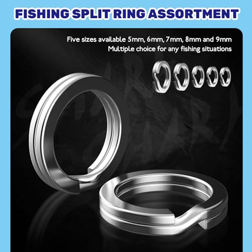 5 Sizes Fishing Split Rings Assortment Kit Stainless Steel Double Flat Lure Tackle Connector 30lb to 120lb Test for Trolling Jigging Offshore