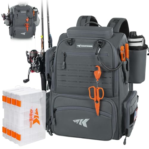 KastKing Bait Boss Fishing Tackle Backpack with Rod Holders-4 Tackle Boxes-Rain Cover,Storage for Fishing Gear - color: F: Gray (Aluminum Back Support System)