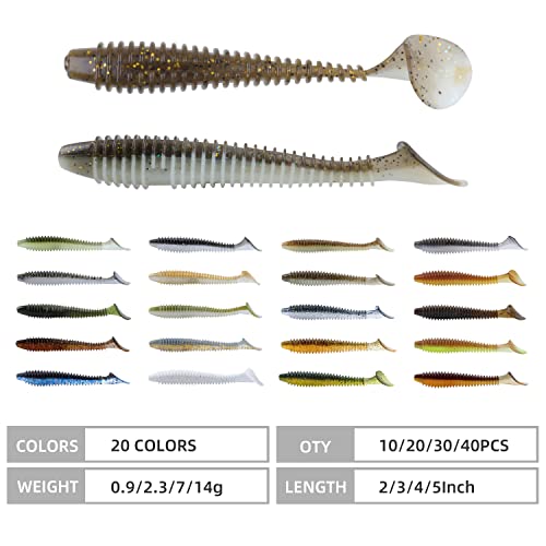 RUNCL Swimbaits Paddle 10/20/30/40PCS, 5/4/3/2 Inchs Paddle Tail, Soft Lure for Trout Crappie Bass, Durable Plastic Bait Swimmer for Saltwater/Freshwater, Fishing Lover's Gift - color: Brown Flash, size: 3in, 30pcs