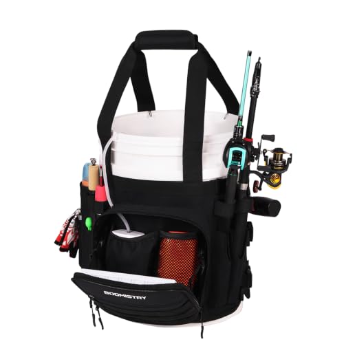 Boomistry Fishing Bucket Organizer for 5 Gallon Bucket, Black | 15 Multi-Pockets, 4 Built-in Rod Holder Storage, 3 Adjustable Buckles, for All Fishing Gear & Tackle Accessories - color: Black