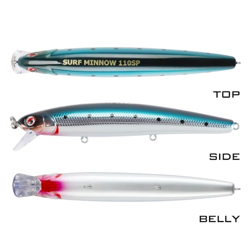 LITTMA California Surf Fishing Lures Saltwater Jerkbait Crankbait Surf Minnow 110/125 - Metallic Sardine Super Glow & Pearl Pink Belly Glow Lures for Halibut & Striper Fishing - color: Chrome Sardine, size: 110mm - 5/8oz