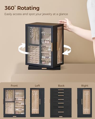 Glimmloop 360° Rotating Jewelry Box with 7 Drawers, Spacious Vertical Jewelry Organizer with Glass Window, Jewelry Storage Case, Dustproof & Moisture-resistant Design, Black - color: Black, size: 7 Drawers (6.2"D x 9.2"W x 12.7"H)