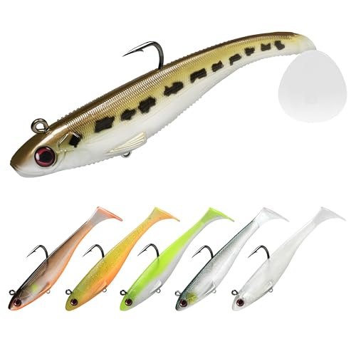 TRUSCEND Shadtale Easy Catch Soft Fishing Lures with BKK Hooks - Trembly Sinking and Vibrating Swim for More Bites, Pre-Rigged Swimbaits for Bass, Trout, Crappie, Walleye, Freshwater Saltwater Fishing - color: 6",2oz