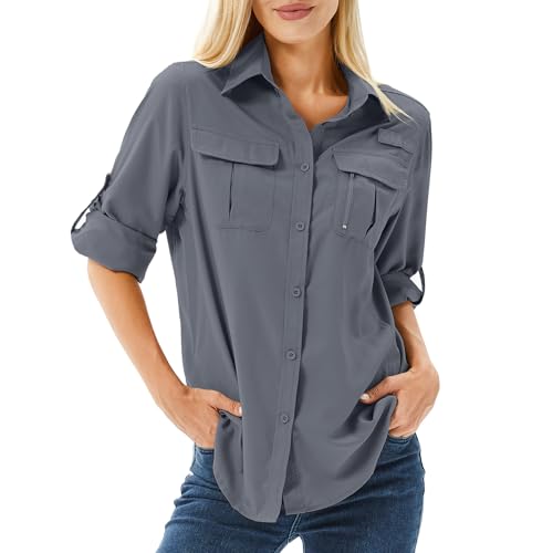 Women's UPF 50 Long Sleeve Sun Protection Shirts Safari Fishing Hiking - color: Dark Grey, size: Medium