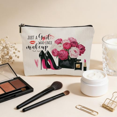 JIUWEIHU Fashion Makeup Bag, Floral High Heel Cosmetic Bags Travel Organizer Bag Zipper Pouch, Christmas Birthday Gifts for Women Friend Colleague, Just A Girl Who Loves - color: Multicolor 0078