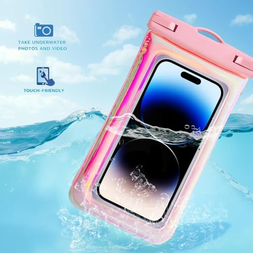 Floatable Waterproof Phone Pouch Case 2 pax for iPhone 17 16 Pro Max/15/14/13/12, IP68 Travel Cellphone Dry Bag Beach Cruise Ship Essentials Bags with Crossbody Lanyard, Iridescent Pink and Blue-7″ - color: A01-Iridescent Pink and Blue