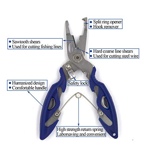 Pack of 201pcs Fishing Stainless Steel Split Rings 5 Sizes and Plier Set, Split Ring Capable of withstanding Large tensile Force and Fishing Plier Tool Kit for Saltwater Fishing Lure Connectors… - color: Blue