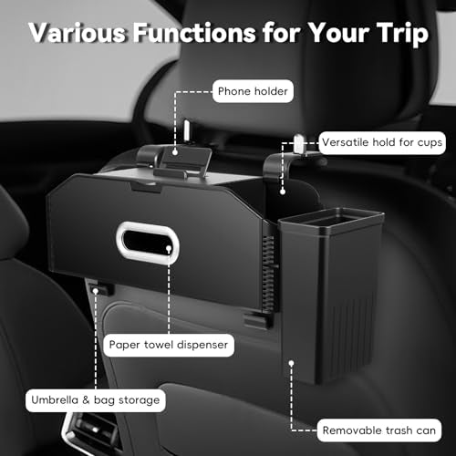 7-In-1 Car Seat Back Organizer with Cup Holders, Tissue Box, Removable Trash Can & Hooks, Multifunctional Car Seat Back Storage Box, Extra Headrest Cup Holder for Backseat (Black02) - color: Black02