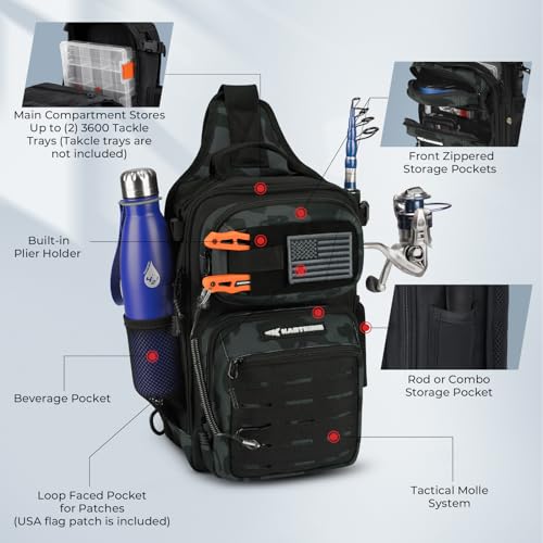 KastKing BlowBak Tactical Sling Tackle Bag-Lightweight Fishing Backpack Storge Fishing Gear and Equipment,Gift for Men - color: B: Black Camo（14” X 8” X 6”）, size: Standard