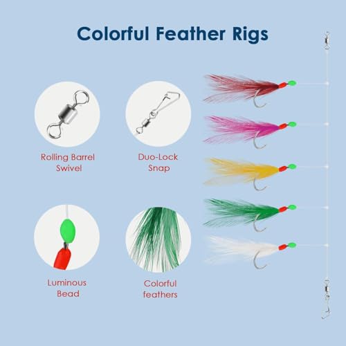 10 pcs Mackerel Feathers Rigs Saltwater, Pre-Tied Sea Fishing Bait Rigs with Luminous Colorful Feathers/Luminous Beads Bionic Flying Insects, Lure Rigs for Mackerel, Pollock, Cod, Bass - size: Hook Size 18, style: Style 2