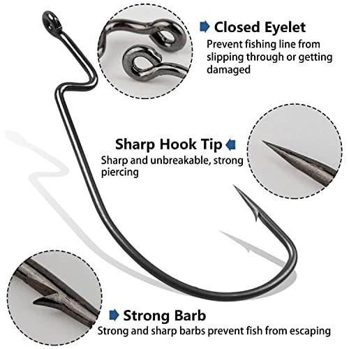 Offset Bass Fishing Hooks, 100pcs Wide Gap Worm Hooks 3X High Carbon Steel Bait Jig Fish Hooks for Bass Trout Saltwater Freshwater - size: 100pcs-2/0