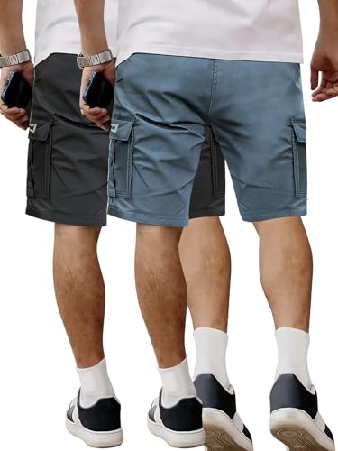 Hidkat Men's Lightweight Cargo Shorts with Drawstring-Breathable,Comfy Casual Outdoor Shorts for Hiking Gym Workout - color: 2 Pcs Black+blue, size: Small