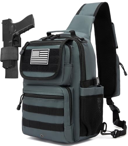 Tactical Sling Crossbody Bag Holster Shoulder Backpack 15L Water Bottle Holder Radio Pouch 6 Elastic Slots for Men Women Hiking Hunting Shooting - color: Gray Grey