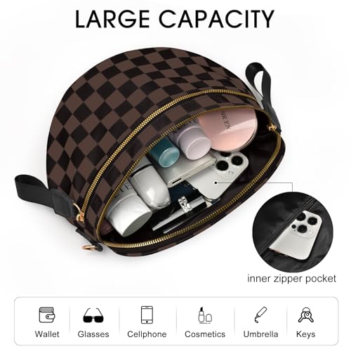 Checkered Nylon Crossbody Bag Bum Bag for Women Mom Large Checkered Fanny Packs with Adjustable Strap - color: Black Brown Checkered