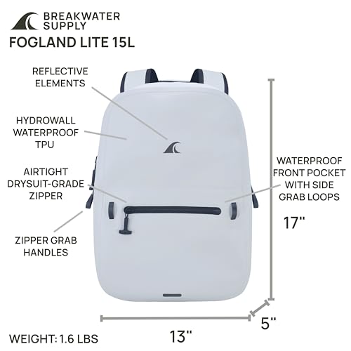 Breakwater Supply™ Fogland Lite Small Waterproof IP68 Submersible Backpack | Laptop Sleeve & Airtight Zippers for Outdoors, Surfing, Kayaking, Hiking, Cycling, Unisex TPU Dry Bag (Fog White, 15L) - color: Fog White, size: 15L